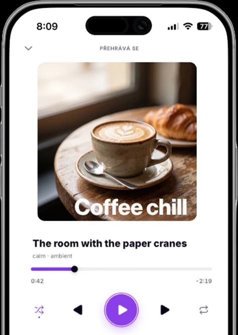 Přehrávač PressPLAI v telefonu s playlistem Coffee chill